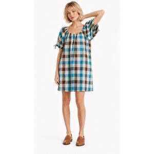 New Gigio M 8 10 Teal Brown Plaid Side Pockets Lined Oversized Cotton Dress
